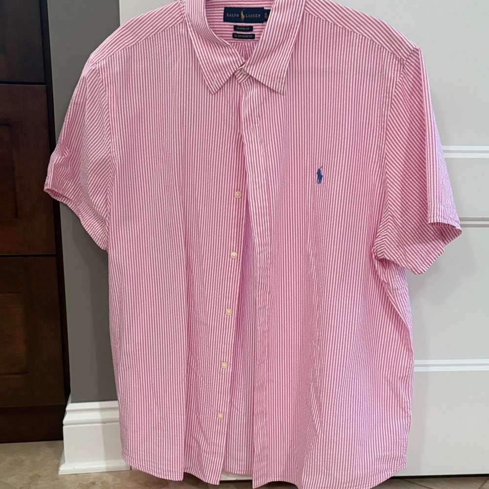 Ralph Lauren Men's Pink Striped Button Down Seersucker Shirt